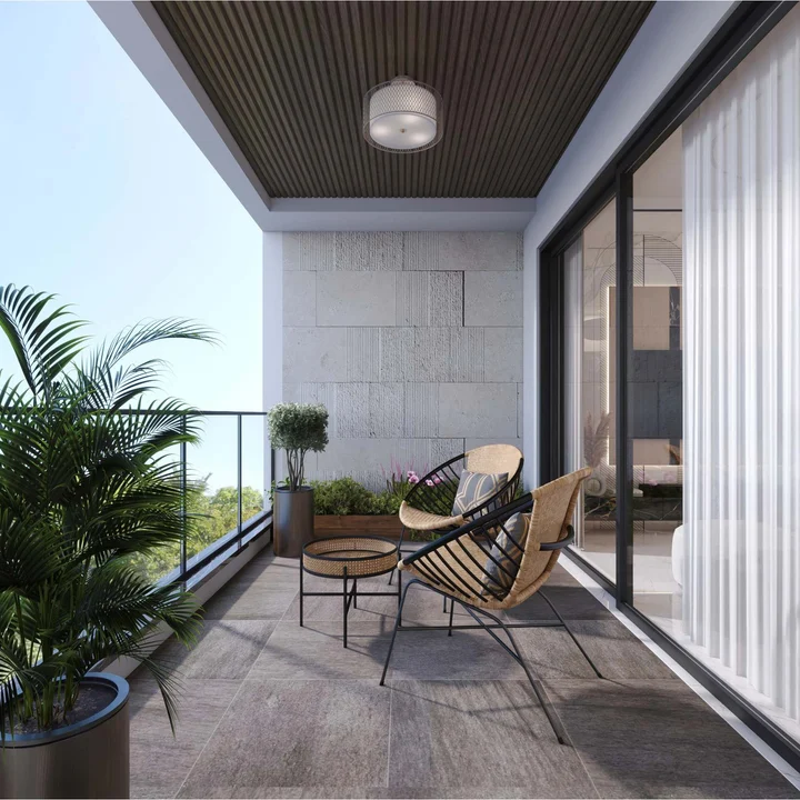 Fortune Suraj Bhan Grande residence balcony with timber ceiling and glass railing Fortune Suraj Bhan Grande residence balcony with timber ceiling and glass railing