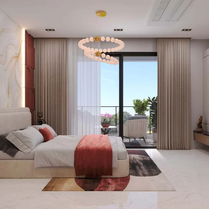 Fortune Suraj Bhan Grande master bedroom with balcony door and television unit Fortune Suraj Bhan Grande master bedroom with balcony door and television unit