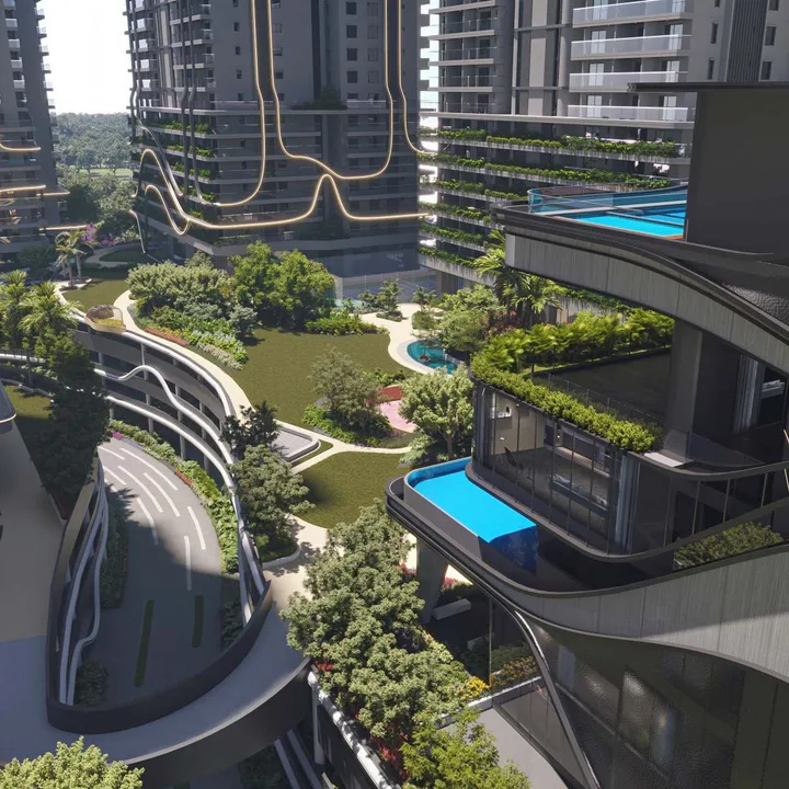 Fortune Suraj Bhan Grande podium gardens seen from above with the clubhouse terrace pool Fortune Suraj Bhan Grande podium gardens seen from above with the clubhouse terrace pool