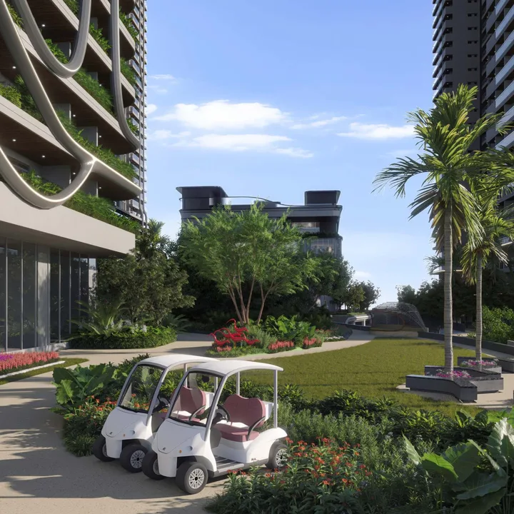 Fortune Suraj Bhan Grande podium path with two buggies beside a lawn and planted balconies Fortune Suraj Bhan Grande podium path with two buggies beside a lawn and planted balconies