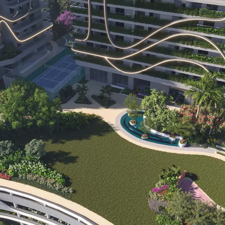 Fortune Suraj Bhan Grande podium lawn with a stepped water feature and tennis court Fortune Suraj Bhan Grande podium lawn with a stepped water feature and tennis court