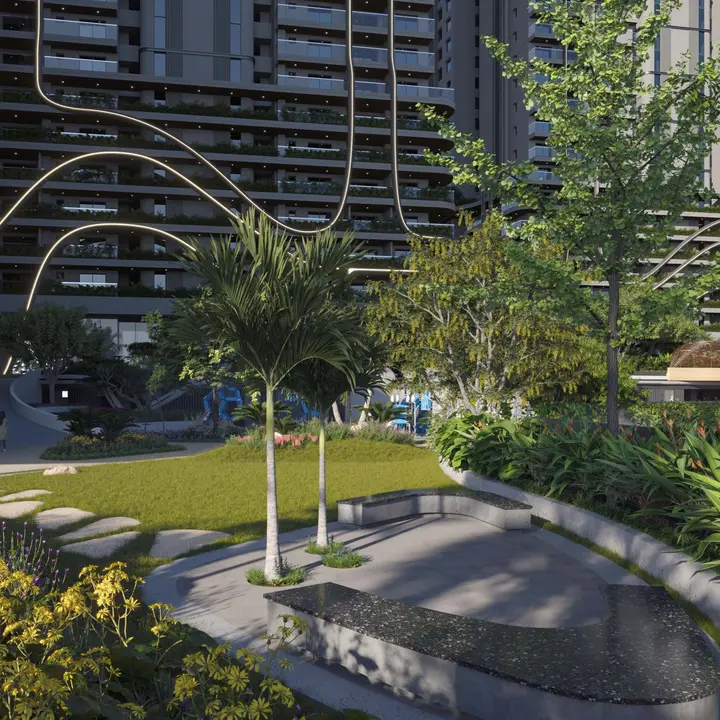 Fortune Suraj Bhan Grande podium garden walk with lawn, palms and stone seating Fortune Suraj Bhan Grande podium garden walk with lawn, palms and stone seating