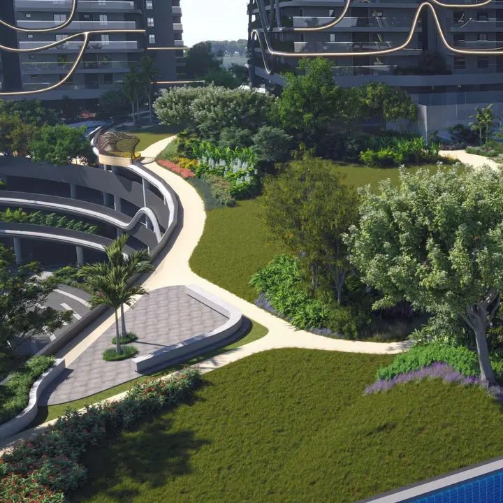 Fortune Suraj Bhan Grande landscaped lawn and curving path on the podium Fortune Suraj Bhan Grande landscaped lawn and curving path on the podium