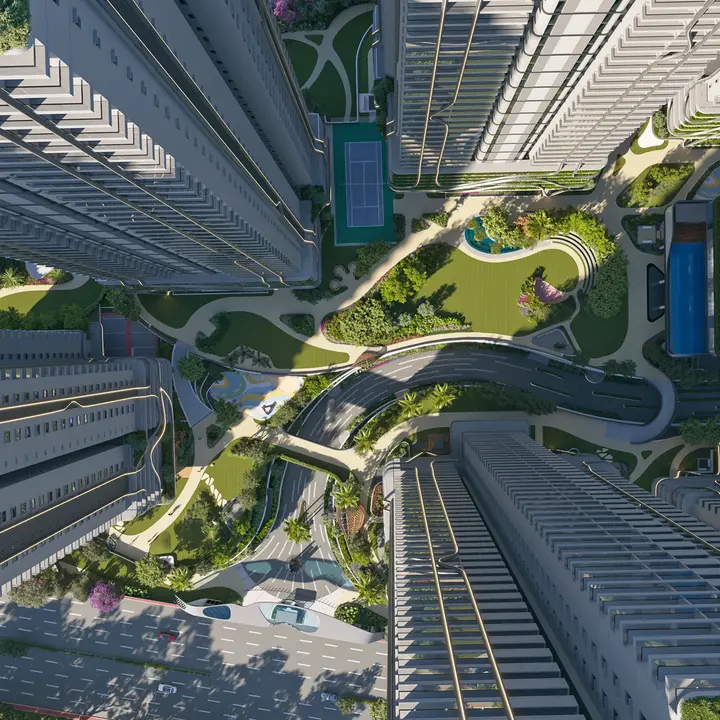 Fortune Suraj Bhan Grande top-down view of the towers, podium gardens, tennis court and clubhouse pools Fortune Suraj Bhan Grande top-down view of the towers, podium gardens, tennis court and clubhouse pools