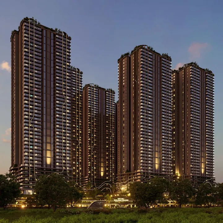 Fortune Suraj Bhan Grande towers lit at twilight above the landscaped base Fortune Suraj Bhan Grande towers lit at twilight above the landscaped base