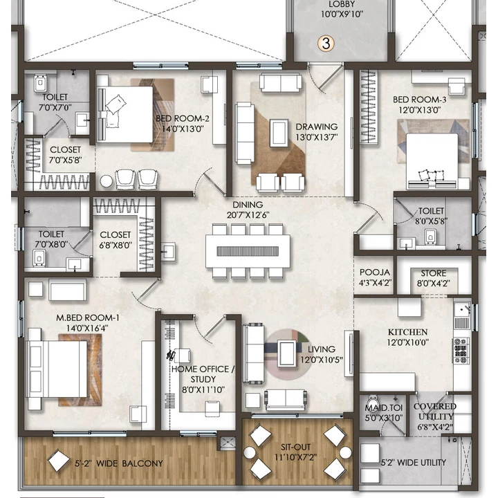 Fortune Suraj Bhan Grande 3.5 BHK Residence 3 floor plan of 2,909 sq ft