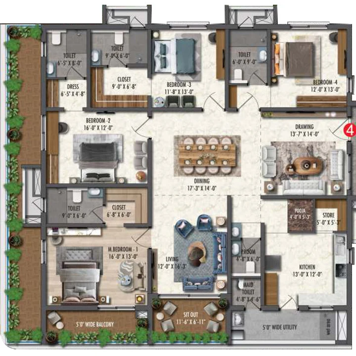Fortune Suraj Bhan Grande 4 BHK Residence 4 floor plan of 3,748 sq ft