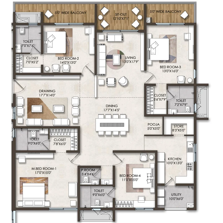 Fortune Suraj Bhan Grande 4 BHK Residence 1 floor plan of 3,905 sq ft