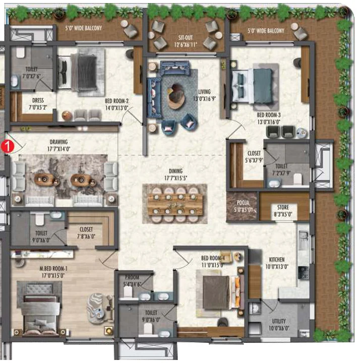 Fortune Suraj Bhan Grande 4 BHK Residence 1 floor plan of 4,335 sq ft Fortune Suraj Bhan Grande 4 BHK Residence 1 floor plan of 4,335 sq ft