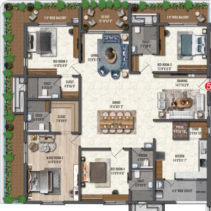 Fortune Suraj Bhan Grande 4 BHK Residence 5 floor plan of 4,339 sq ft