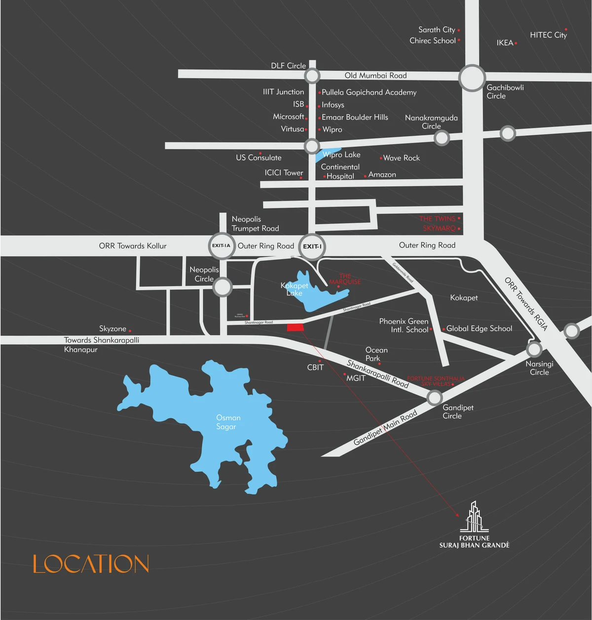 Fortune Suraj Bhan Grande location map showing Neopolis, the Outer Ring Road and nearby institutions
