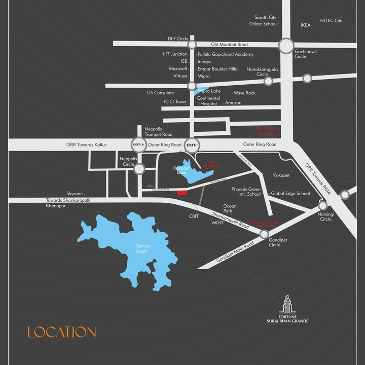 Fortune Suraj Bhan Grande location map showing Neopolis, the Outer Ring Road and nearby institutions