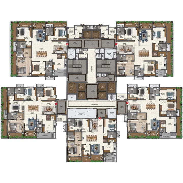 Fortune Suraj Bhan Grande typical floor plan for the lower floors with five residences Fortune Suraj Bhan Grande typical floor plan for the lower floors with five residences