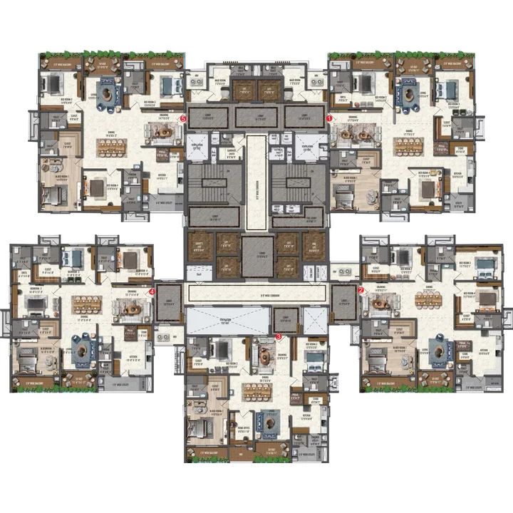 Fortune Suraj Bhan Grande typical floor plan for the upper floors with five residences Fortune Suraj Bhan Grande typical floor plan for the upper floors with five residences