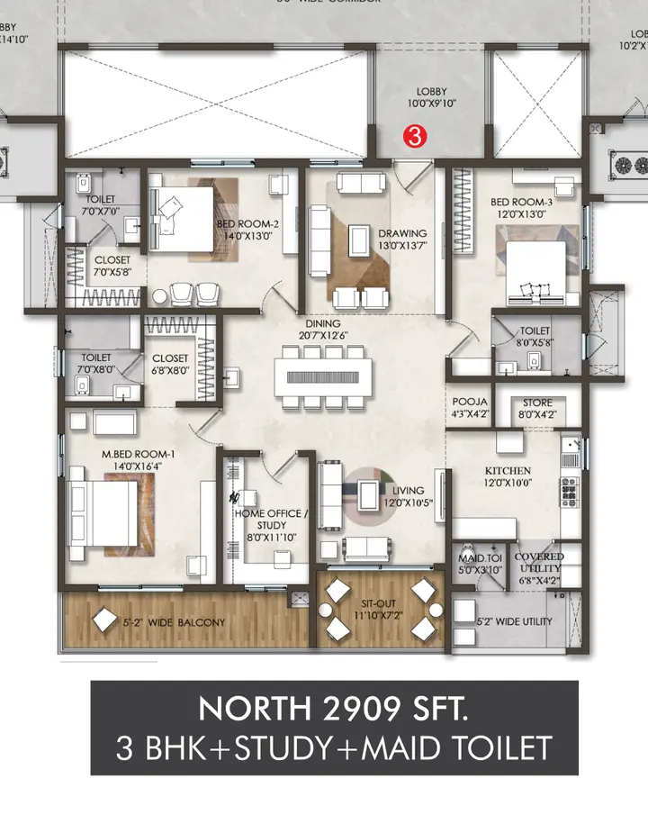 SSI Fortune Grande Floor Plan - 3BHK (2909 sqft) North Facing