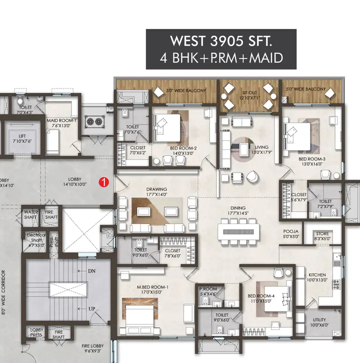 Floor Plan SSI Fortune Grande - 4BHK (3905 sqft) West Facing